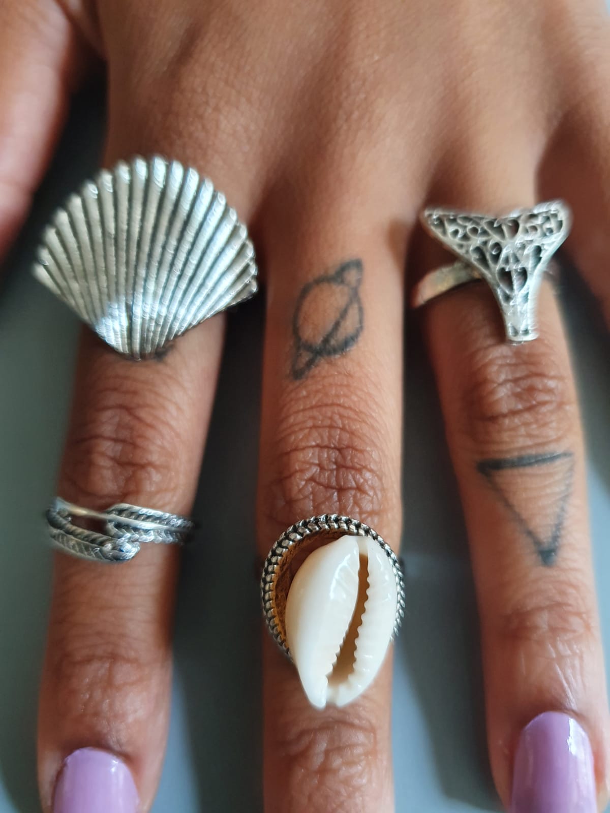 4 Antique Silver Shell Ring Stack Set