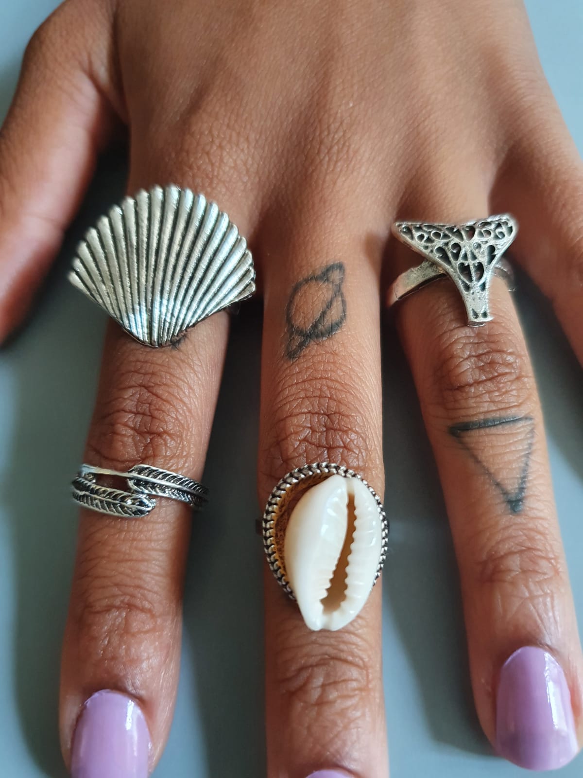 4 Antique Silver Shell Ring Stack Set