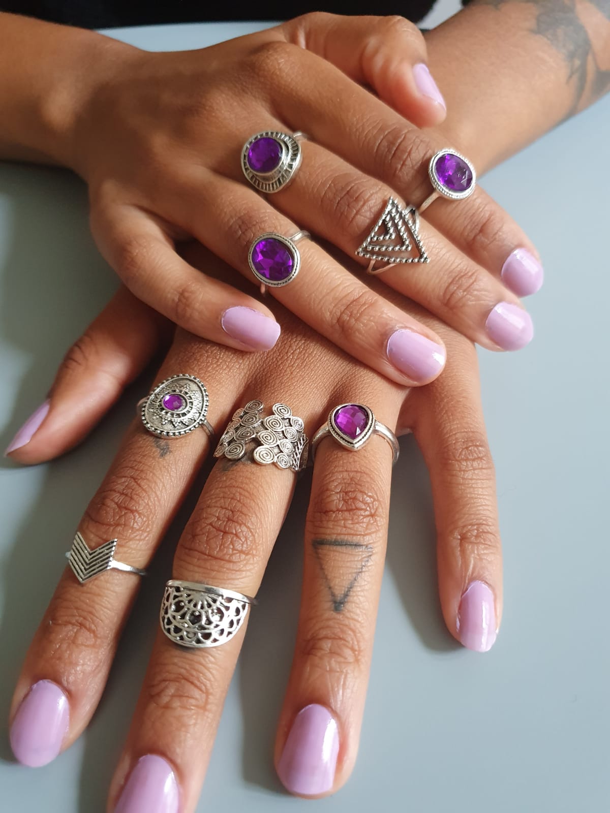 9 Purple Stone Antique Silver Ring Stack Set