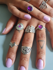 9 Purple Stone Antique Silver Ring Stack Set