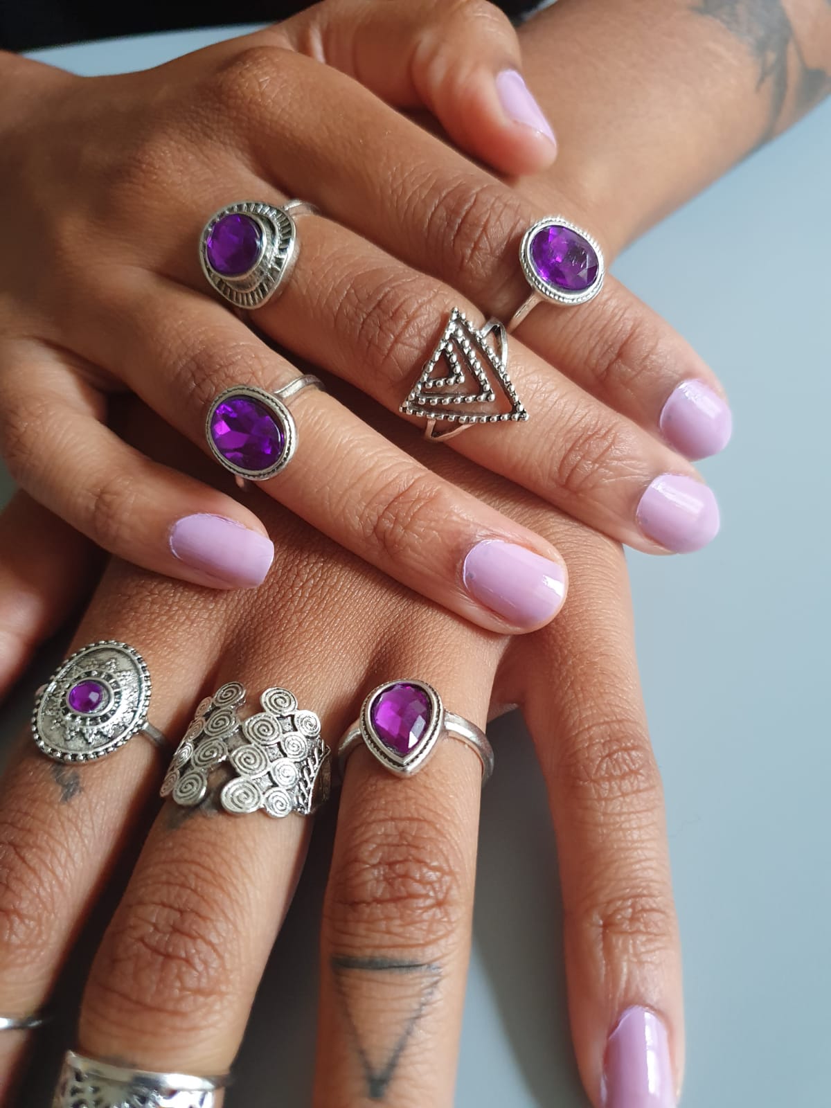 9 Purple Stone Antique Silver Ring Stack Set