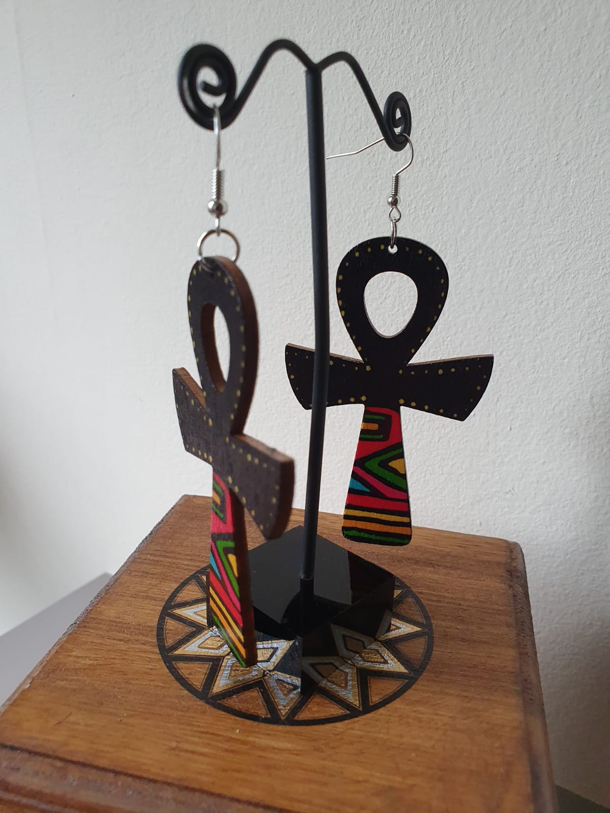 Wood Laminated Ankh Earrings