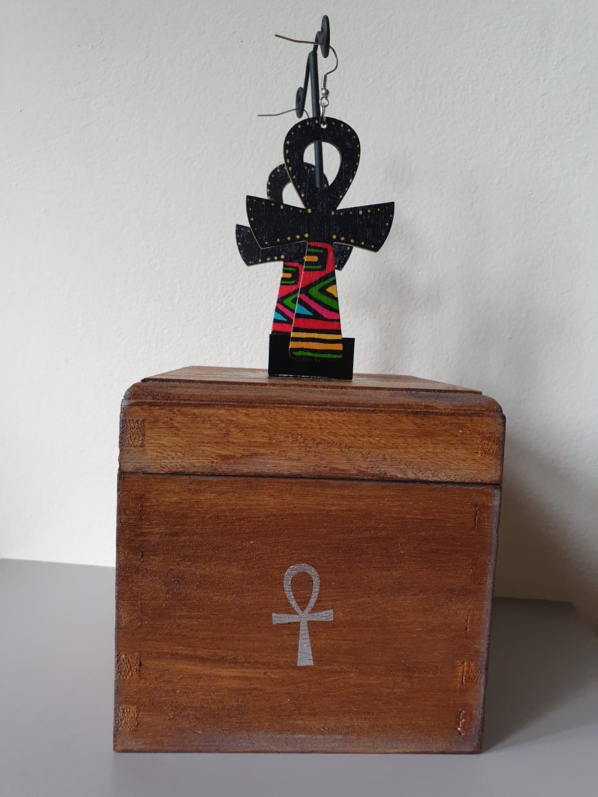 Wood Laminated Ankh Earrings