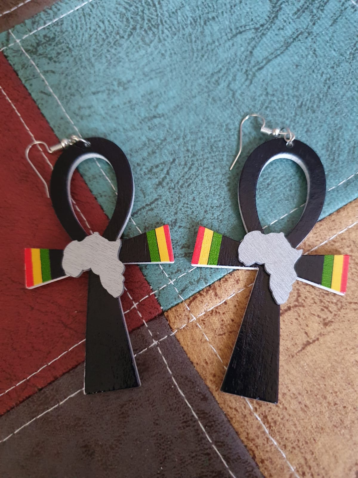 Wood Laminated Africa Ankh Earrings